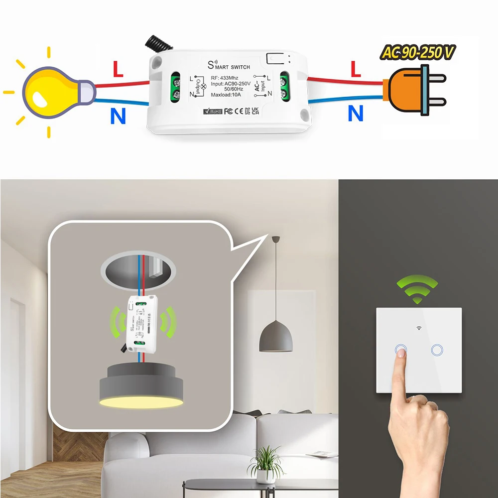 433 Mhz Wireless Remote Control Light Switch RF Controller 220V Relay with Tempered Glass Touch Wall Panels for Ceiling Lamp Fan