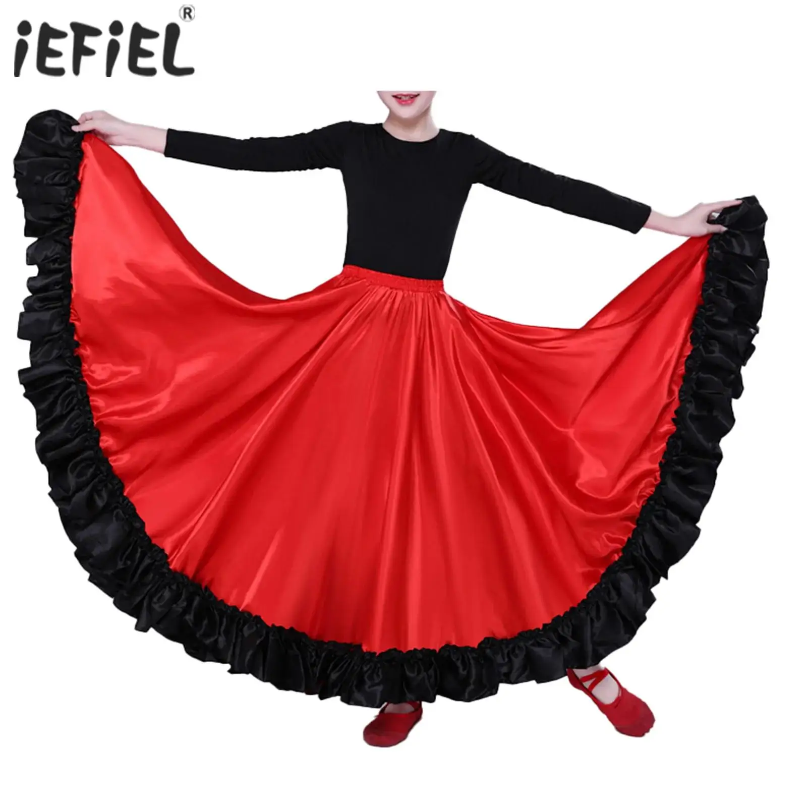 Belly Dance Skirt for Kids Girls Spanish Bull Dance Performance Costumes Skirt Big Swing Flamenco Party Ruffled Hem Dress Up