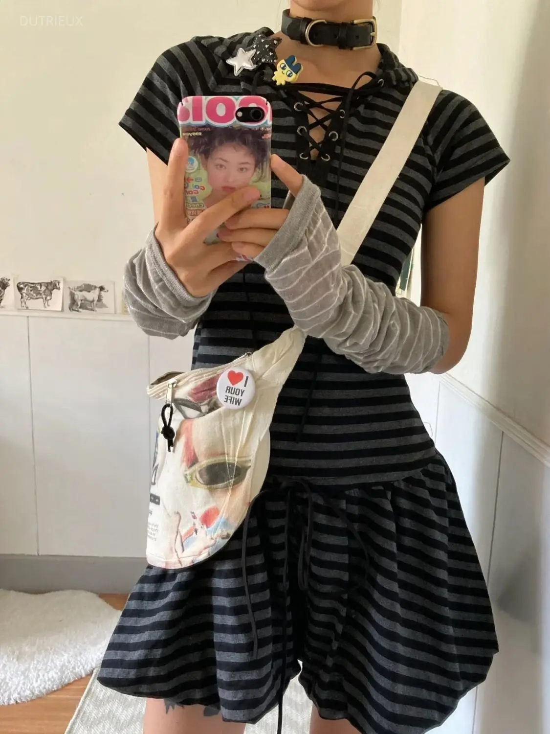 Gyaru Acubi Grunge Tunic Alt Subcultural American Streetwear Summer New Stretch Y2K Waist Slim Striped Dress