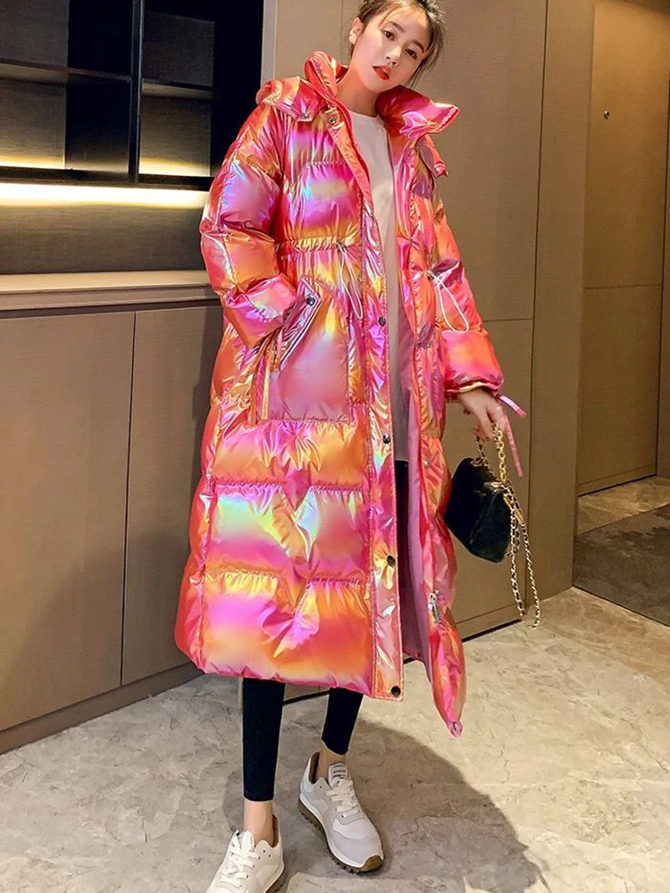 Winter New Glossy Waterproof Long Parka Women Winter Long Shiny Colorful Thick Loose Jacket Large Thick Down Cotton Outerwear