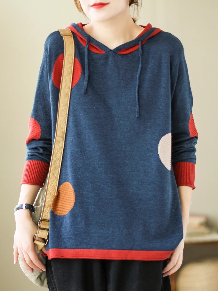 Amax luluE 2024 Winter Women Loose Patchwork Sweaters European Style Ladies Casual Hooded Design Jumpers Vintage Street Pullover