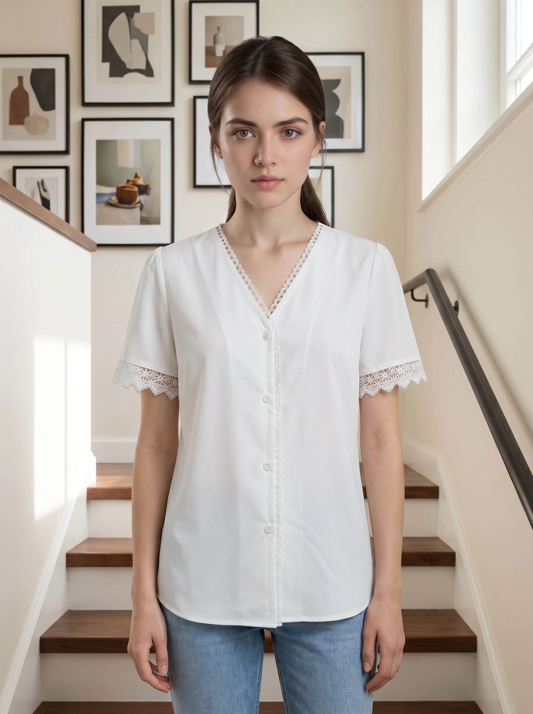 Gadinus Women's V Neck Lace Trim Blouse Short Sleeve Button Front Casual Shirt Top