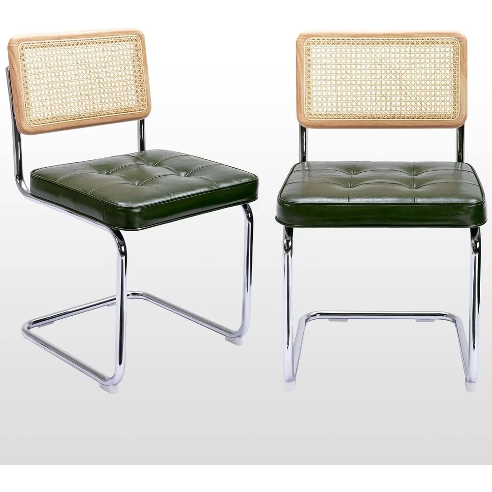 Mid-Century Modern Dining Chairs, Upholstered Tufted Faux Leather Accent Chairs Rattan Dining Chairs Set of 2