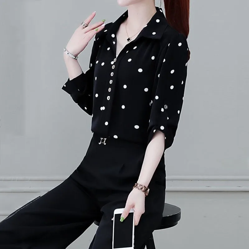 Office Lady Commuter Turn-down Collar Polka Dot Print Blouses Summer New Women\'s Clothing Fashion Button Pullovers Elegant Shirt