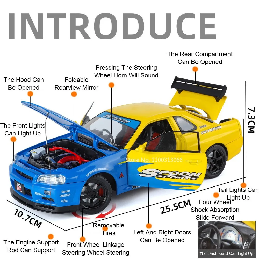 1:18 GTR 스카이라인 스포츠카 합금 장난감 다이캐스트 모델 라이트 음악 미니어처 자동차 슬라이드 전진 차량 남자아이 완벽한 선물