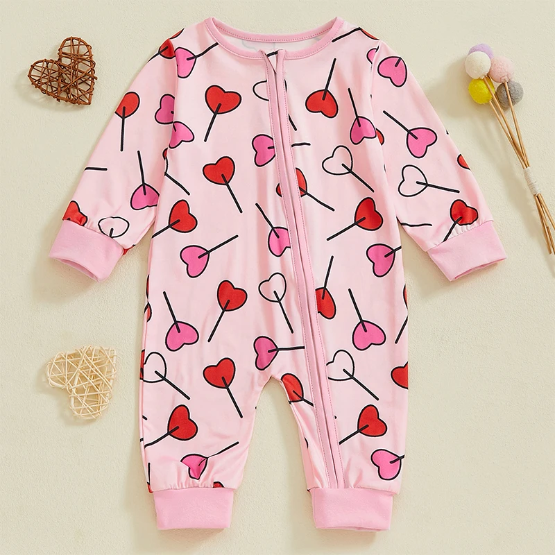 Toddler Girls Heart Print Rompers Long Sleeve Round Neck Jumpsuits Valentine s Day Outfits Spring Bodysuits for Baby Girls