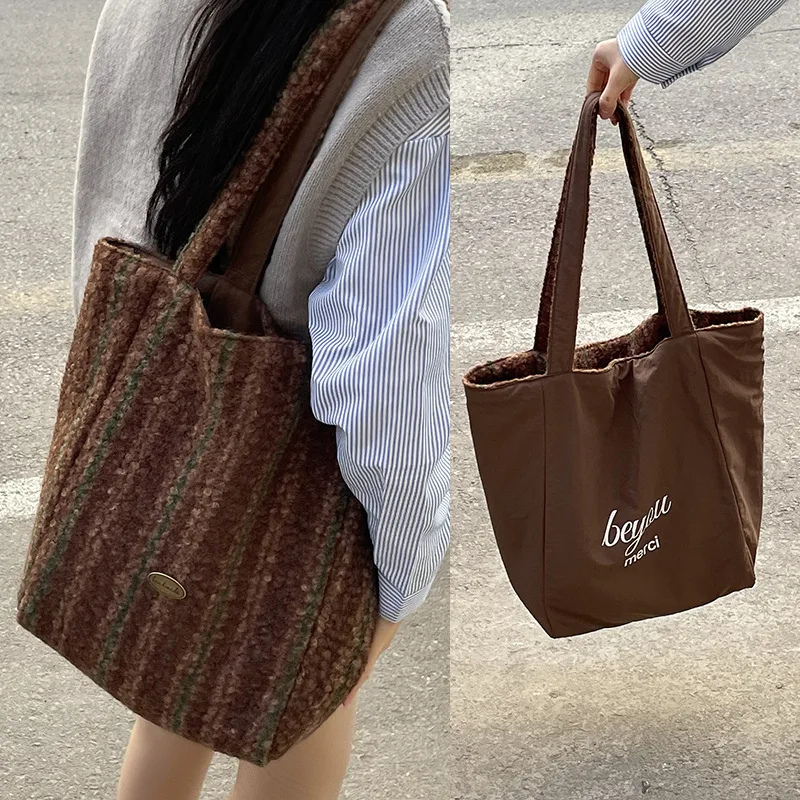 

Striped Faux Lamb Wool Women's Plush Shoulder Bags Contrast Color Casual Female Tote Handbags Double Sided Ladies Shopping Bag