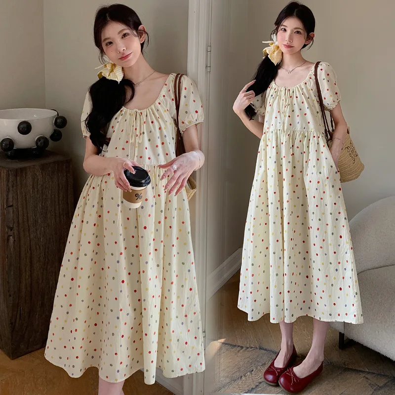 maternity-dress-summer-2026-sweet-cute-colorful-polka-dot-puff-sleeve-round-neck-dress-for-pregnant-women