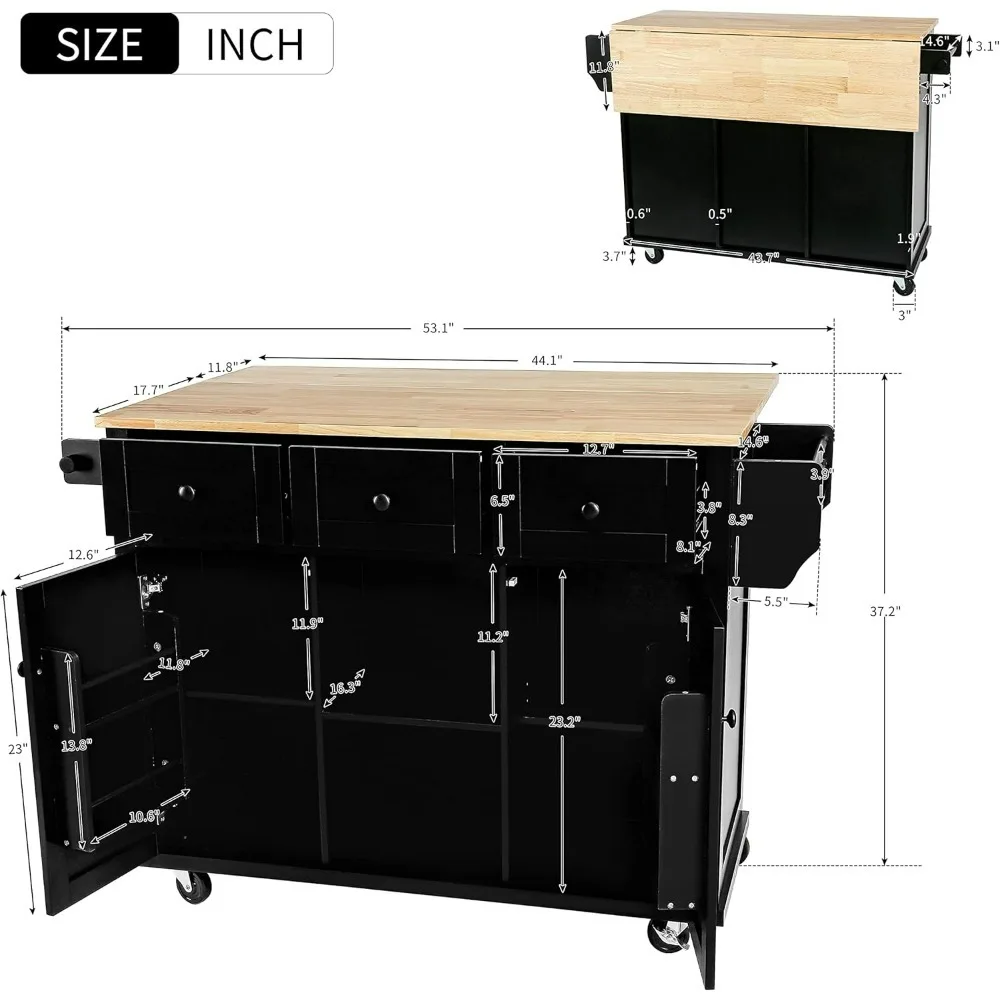 Kitchen Island Cart with Drop-Leaf Cabinet Door Internal Storage Rack 5 Wheels 3 Drawers for Kitchen, Dining Room, Bathroom