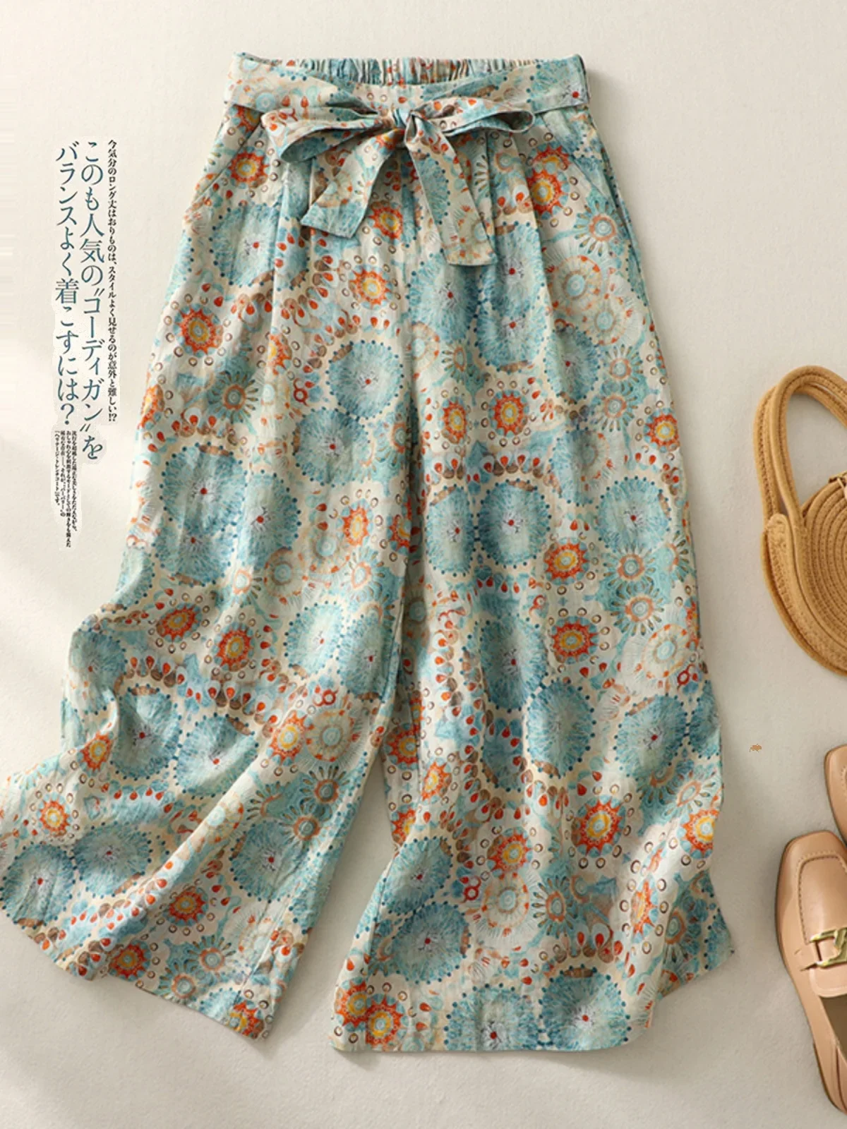 

New Retro Summer Simplicity Printing Elastic Waist Wide Leg Pants Ladies Chinese Style Cotton Thin Loose Waist Trousers A843