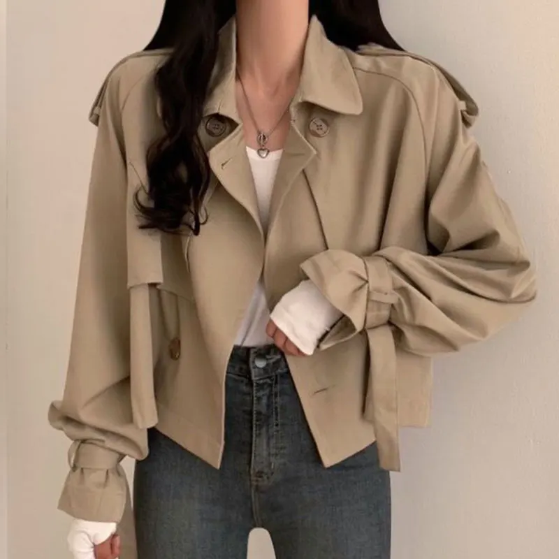 

Chic Autumnal Vintage Sle Double Breasted Loose ort Coat with Suit Collar And Sve Design Korean Faion Women's Jaet