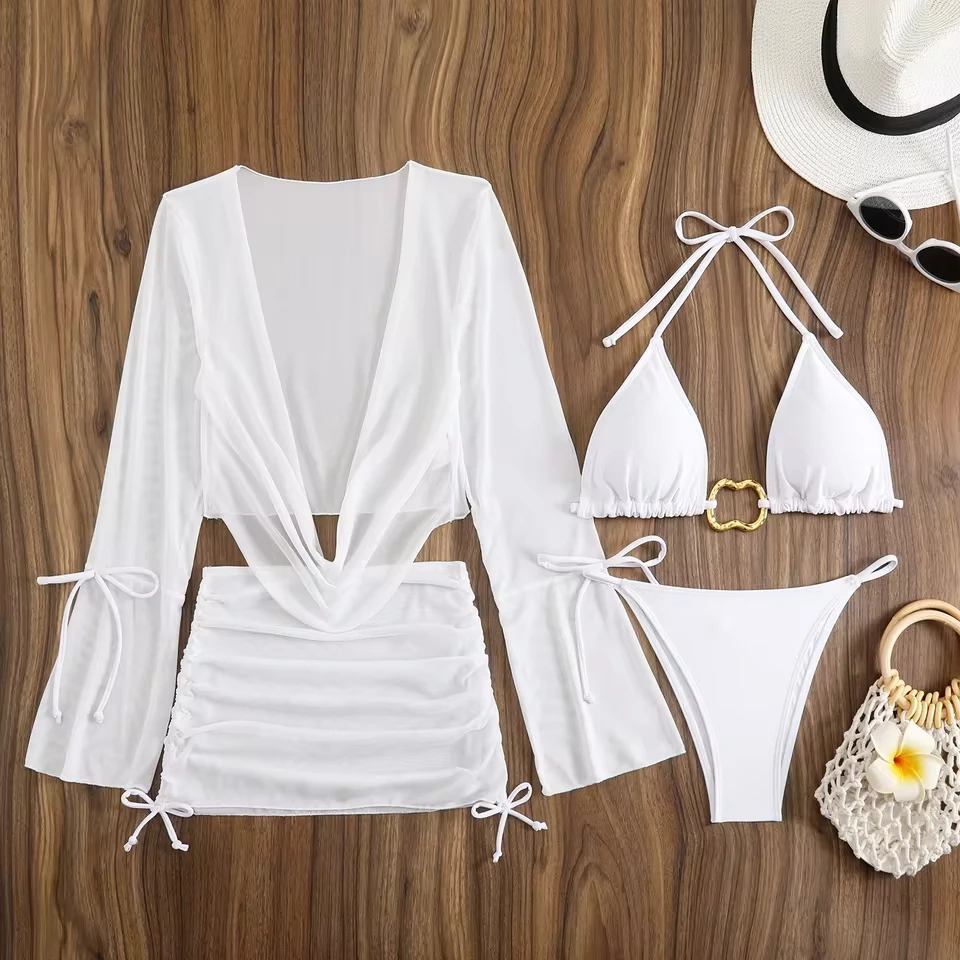 

Sexy White Black 4 Piece Bikinis Sets Women Long Sleeve Mesh Cover Up Skirt Swimsuit Beach Bathing Suit Holiday Swimwear Biquini