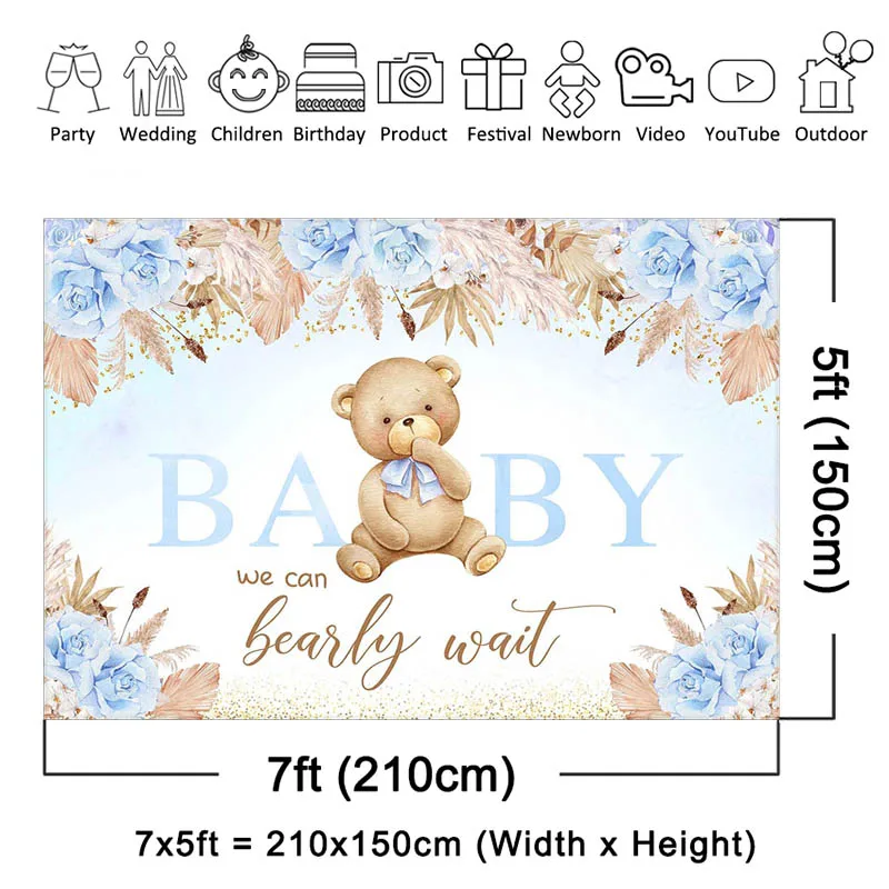Mocsicka-Fondo para Baby Shower, cartel de decoración para fiesta de bienvenida, We Can Bearly Wait Baby, flores azules, retrato, utilería para estudio fotográfico