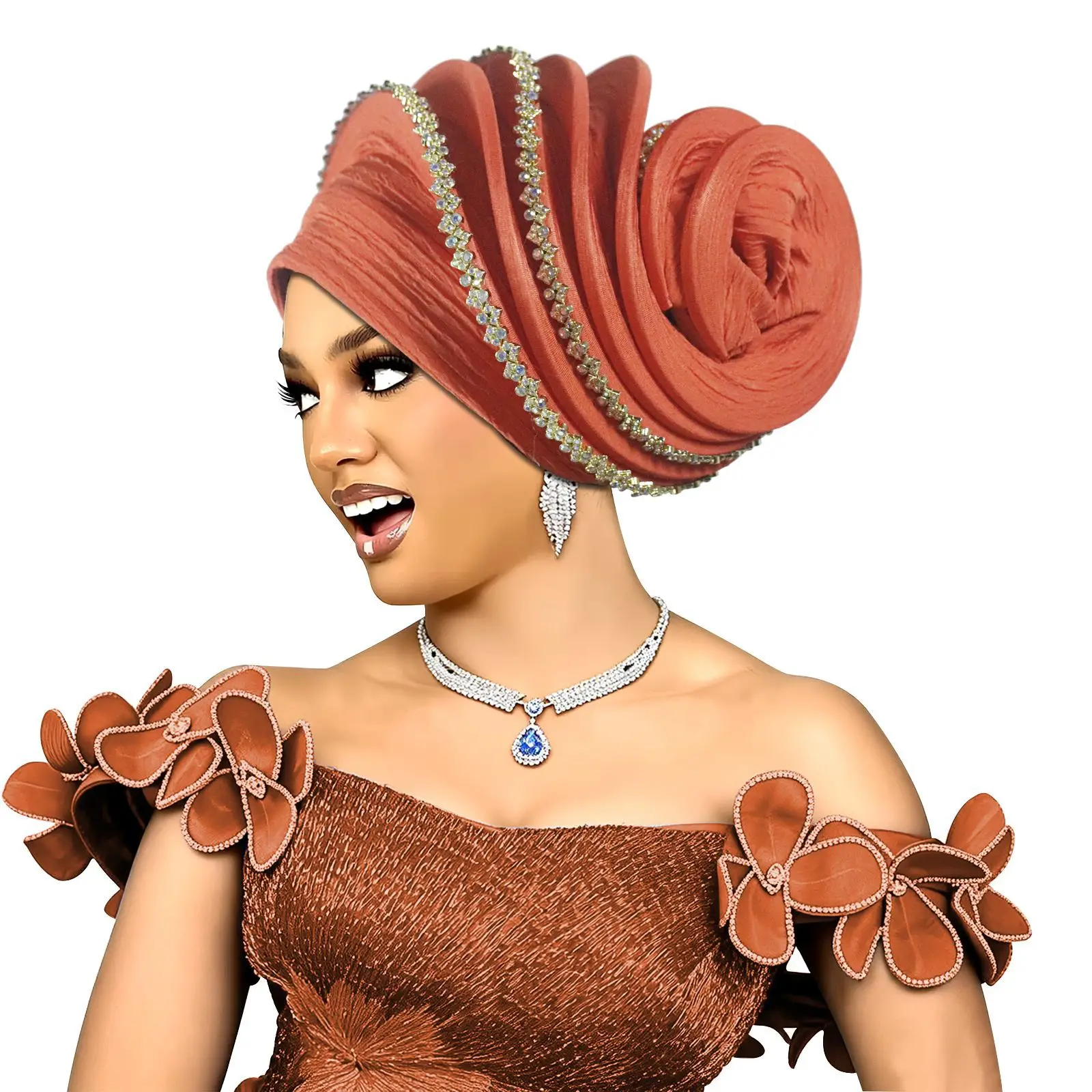 Gold Trimmings Spiral Turban Hat for Women African Head Wraps Wedding Party Headtie Ready to Wear Auto gele Hijab Muslim Bonnet