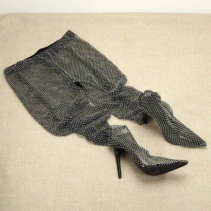 Large Size Black Sexy Rhinestone Hollow Mesh Jumpsuit Boots Women Thin High Heels Thigh High Boots Woman One-Piece Stretch Boots