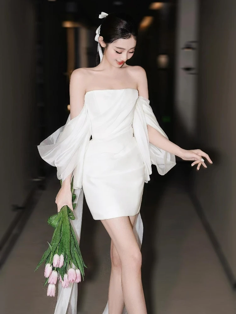 

Bridesmaid Dres Satin Fini Off-oulder Gowns Korean Sle Mid-Length Slim-Fit Wedding Dres for Engagement And Ceremo...