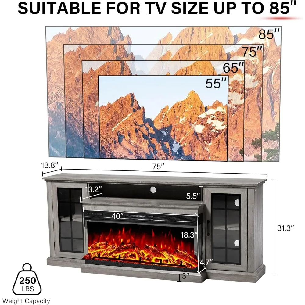 Supporto TV per camino elettrico 75 con vetro a 3 lati, centro multimediale in stile fattoria con armadio portaoggetti con porta in vetro