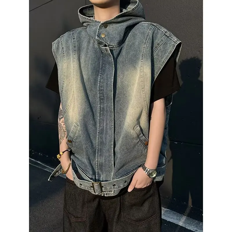 Rompi Tanpa Lengan Model Usang dan Pudar untuk Anak Laki-Laki, Gaya Retro Amerika dengan Hoodie, Jahitan Dekonstruksi