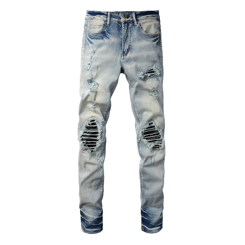 Herren-Lederjeans mit Plissee-Patches, Biker-Stil, Streetwear, Skinny, schmal geschnitten, hochelastisch, Jeanshose mit Löchern, zerrissen, Distressed-Hose – Detail 15