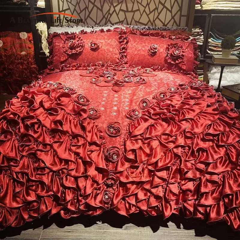 Luxury European Wedding Style Jacquard Bedspread, Stereoscopic Rose Lace Edge, Bed Sheet, Bed Skirt, Pillowcases, Red, Champagne