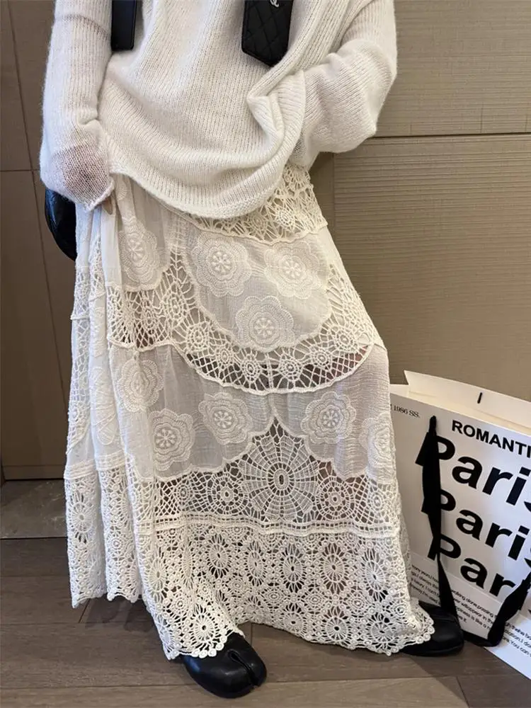 

n Lace Hollow out Knitted f Skirt Women's Summer A-Line Long Skirt High Waist Hollow Design Commute Korean Sle