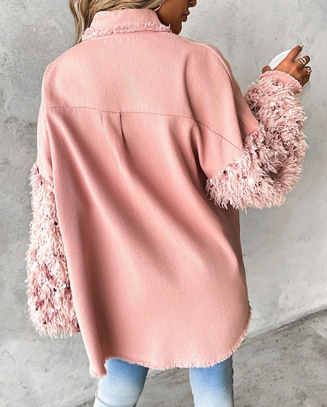 Spring and Autumn Women's Coat Sequin Plush Sleeves with Tassel Flip Sleeve Patch Design Solid Color Thin Fashion Casual Jacket