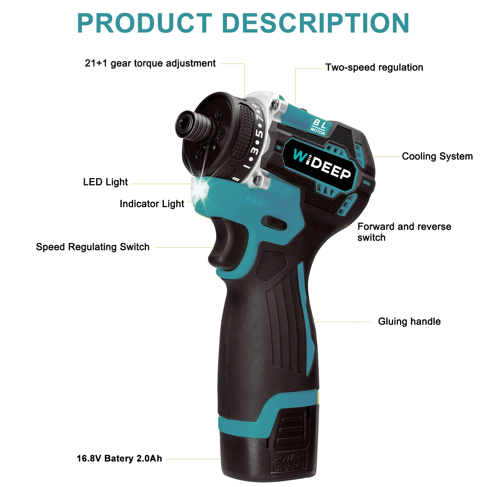 16.8V 20+1 Torque Brushless Electric Screwdriver Cordless Drill Rechargeable Mini Power Driver Tools For Makita Battery