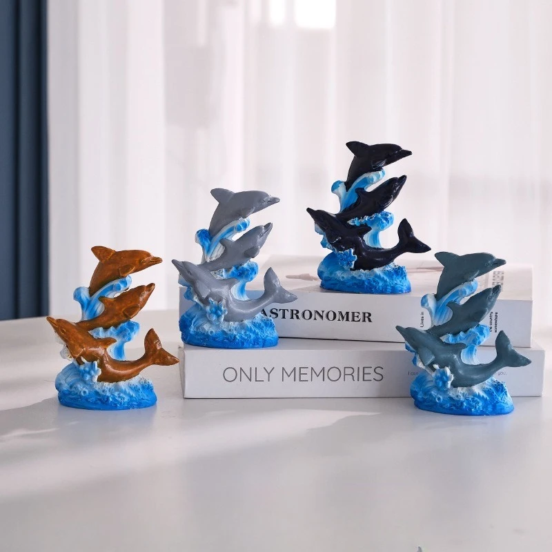 Mediterranean Style Marine Life Trio Dolphin Sculpture Set Aquatic Tank Decoration Accent Pieces Resin Animal Miniatures Ornamen