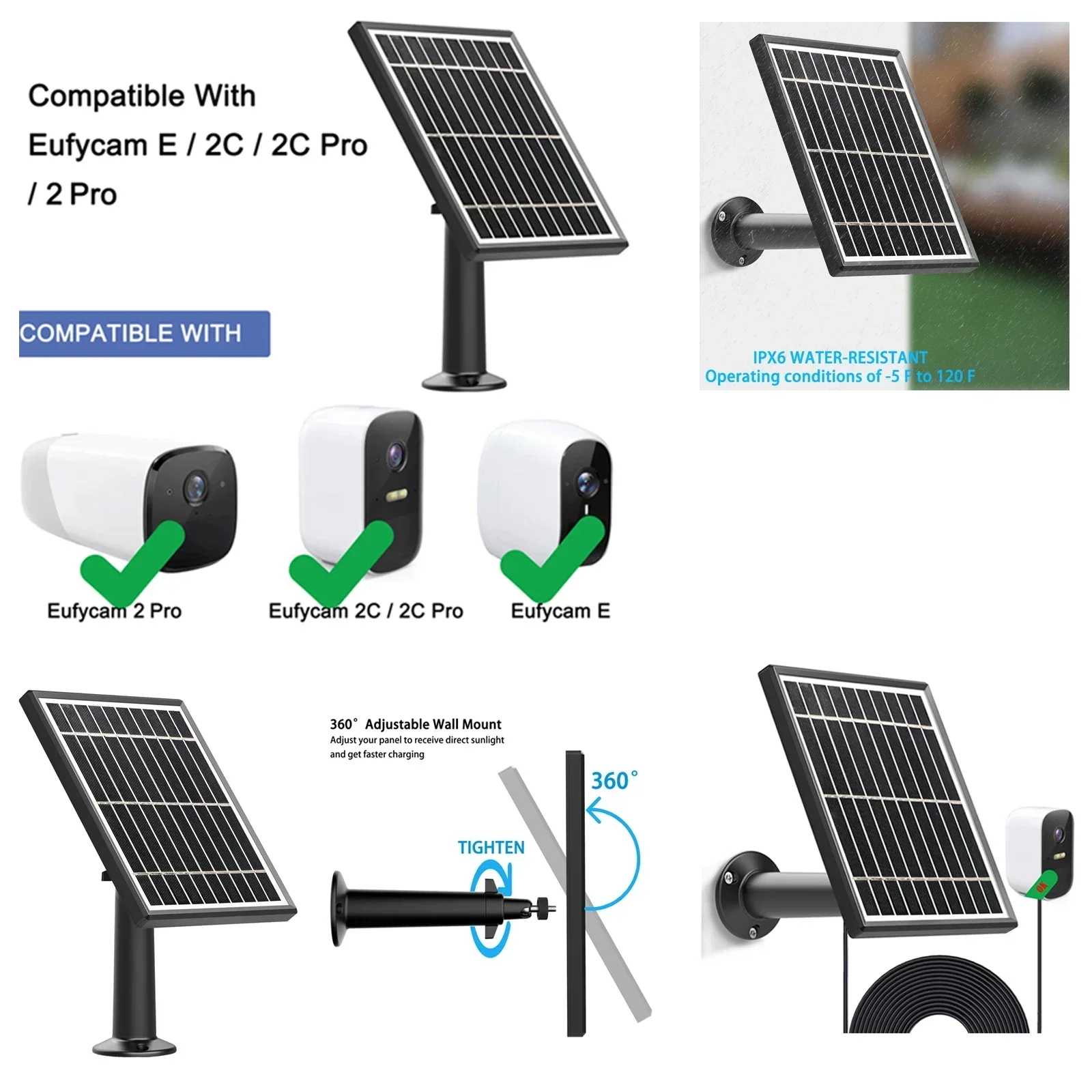 

Solar Panel for Eufycam E/Eufycam 2C/E/2 pro/SoloCam E20 E40 Continuous Power Maintain Battery Lif 3.5W