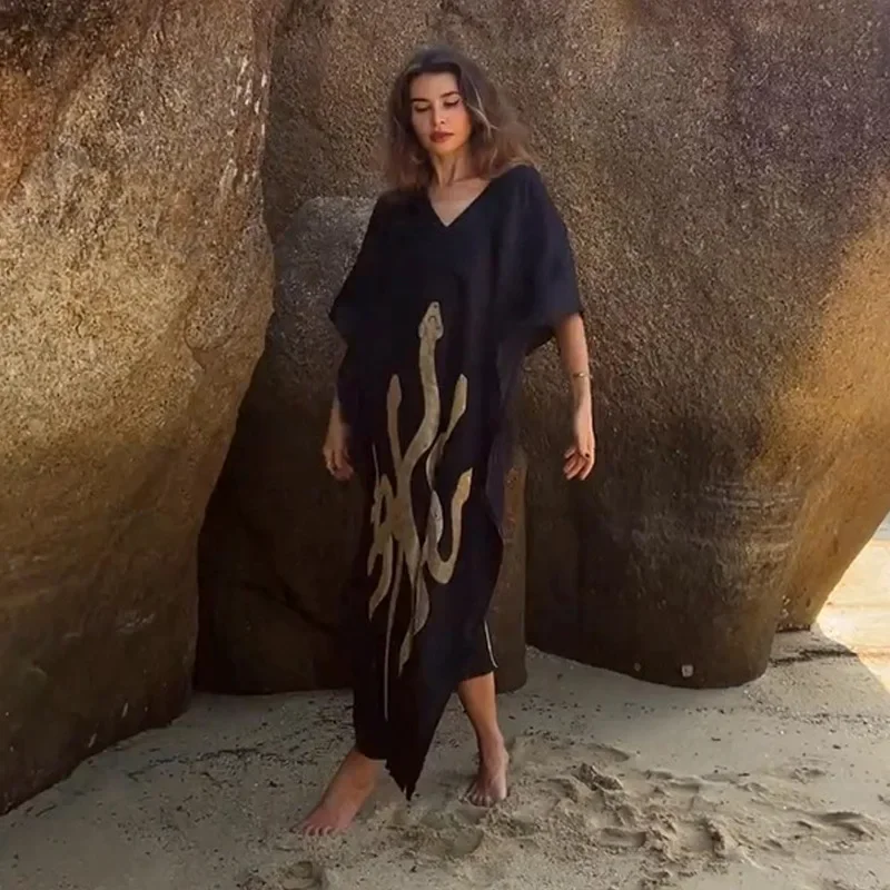 ชุดคลุมบิกินี่สีดำแบบกิโมโน แขนทรงค้างคาว ผ้าคลุมชายหาด ชุดคลุมแม็กซี่สำหรับผู้หญิง ผ้าคลุมชุดว่ายน้ำแบบหลวม