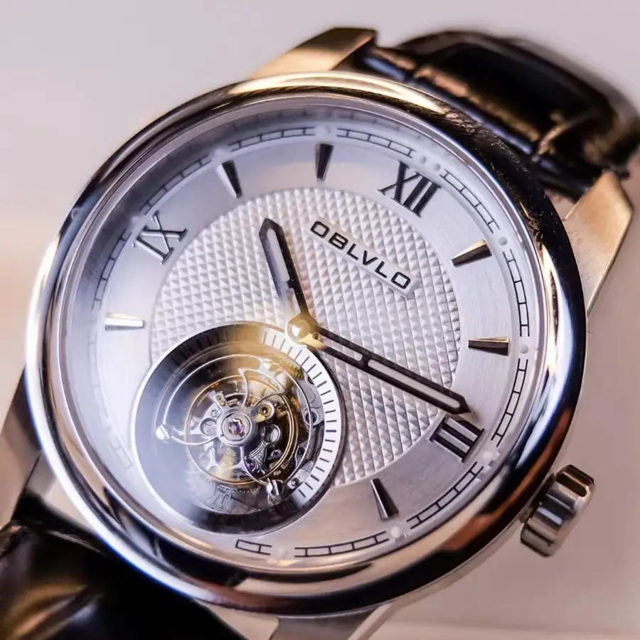 OBLVLO Мужские автоматические часы 42 мм с турбийоном Механические наручные часы Водонепроницаемые сапфировые застежки-бабочки со скелетом