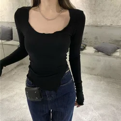New Slim Ruffles T-shirt Women Kpop Sexy V-neck Y2K Tee Shirt Woman Long Sleeve Black Gray Crop Tops Korean Fashion Clothes