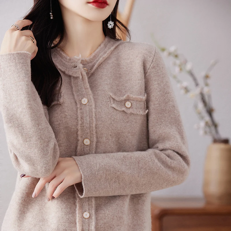 FRSEUCAG 2023 New Cardigan O-Neck Women's 100% Wool Sweater Solid Color Knitted Soft Comfortable Coat Women's Pure Wool Sweater