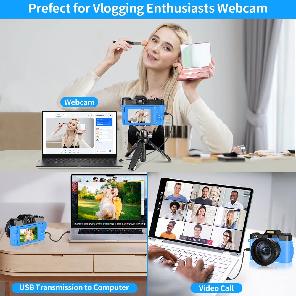 Câmera Digital 4K para Fotografia e Vídeo Autofoco Anti-Shake 56MP Câmera Compacta Vlogging 3'' 180 °   Tela dobrável com flash