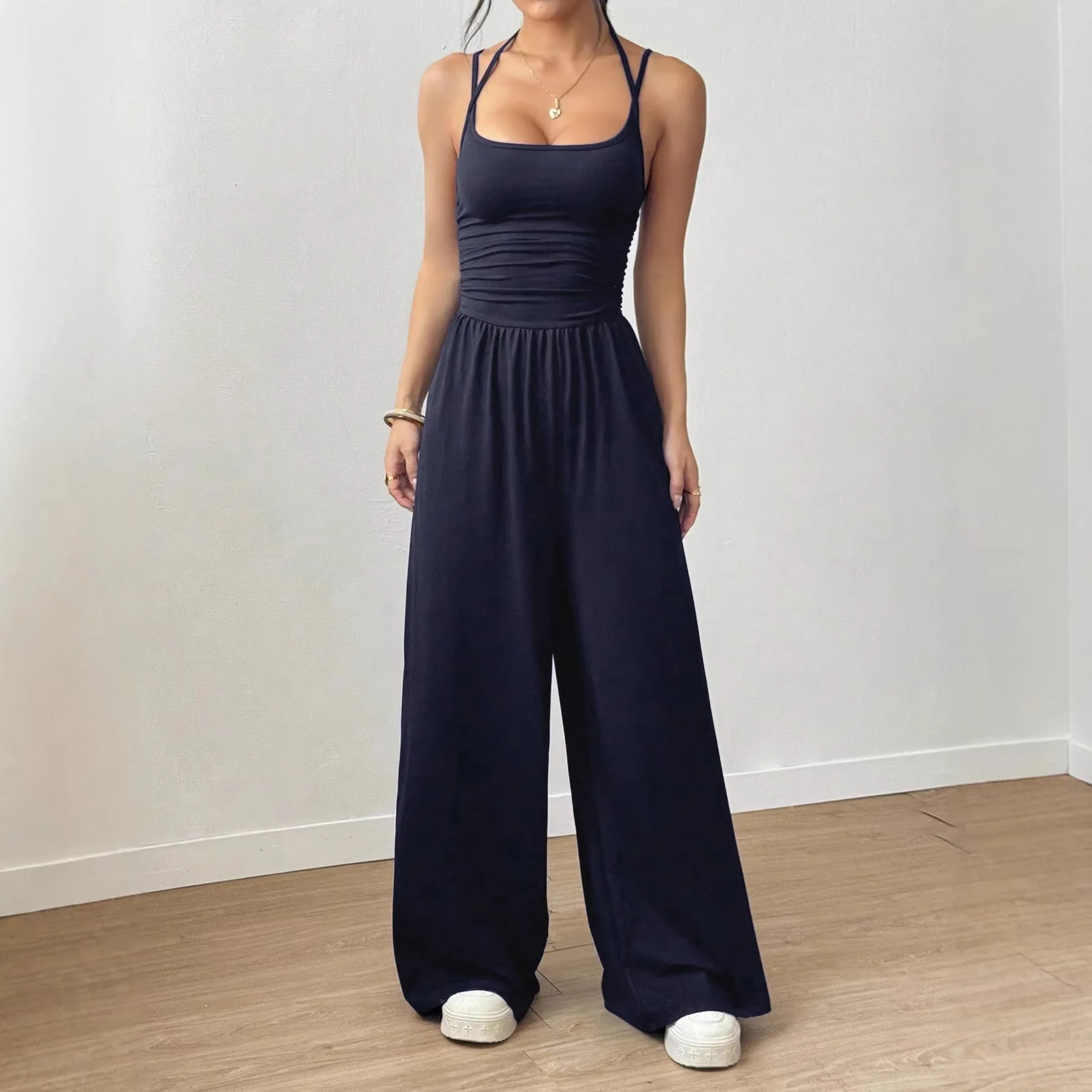 

Casual Summer Wide Leg Romper Women's Strapless Wrap Chest Waist Cinched Jumpsuit Comfortable Breathable Knitted Top