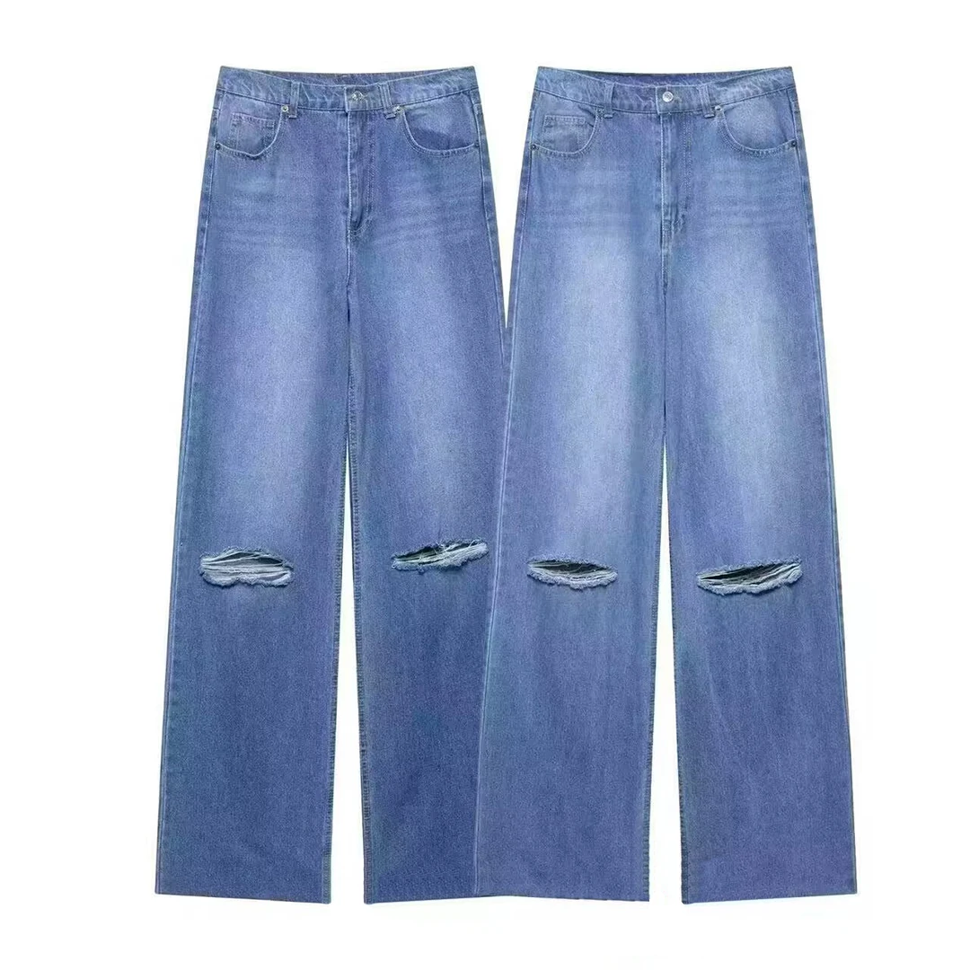 

Korejepo Women Pants 2025 New Fashion European American Style Ripped High Waist Wide Leg Jeans