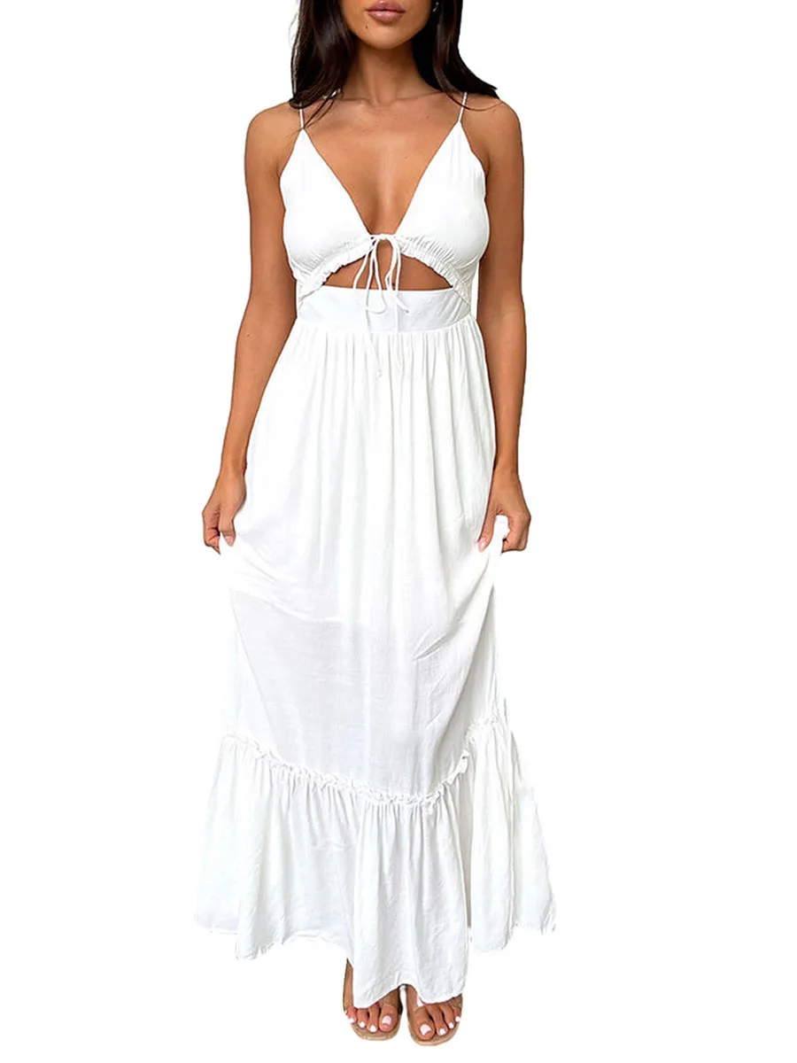 

Women’s Tie Up Maxi Dresses Backless Sleeveless Cutout Ruffle Flowy Cami Dress Side High Split Formal Long Dress