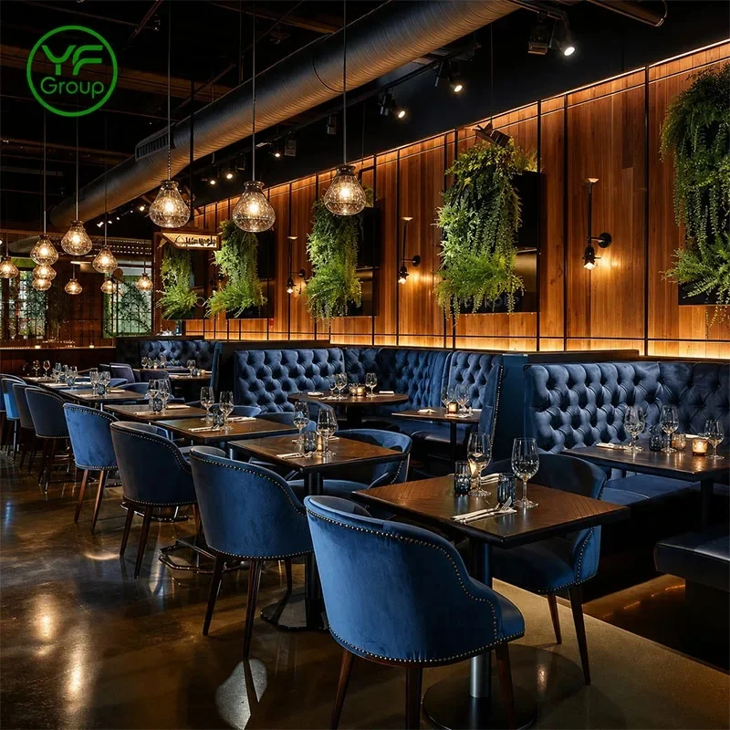 Wholesale Custom Luxury Restaurant Furniture Solid Wood Table and Chair Set with Blue Booth Seating for Cafe Hotel