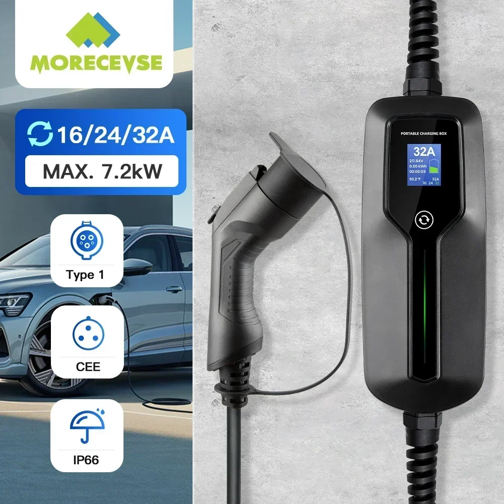 Morec 7KW Portable EV Charger Type 1 32A Electric Vehicle Charging Box Mode 2 Charging Cable For Electric Car CEE Plug EVSE