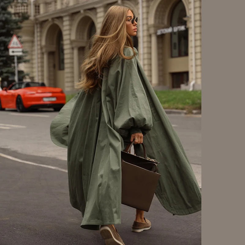 Oversized Solid Wome's Long Trench Coat Puff Sleeve Side Slit Maxi Windbreaker Lapel Single Breasted Lady Autumn Tench Coats image 4