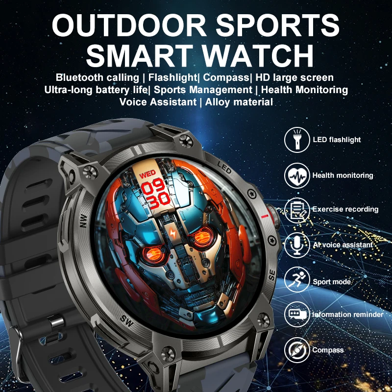 

New Outdoor Sports Smart Watch 1.85" Screen GPS Positioning Bluetooth Call 760mAh Fitness Health Monitoring Compass Smart Watch