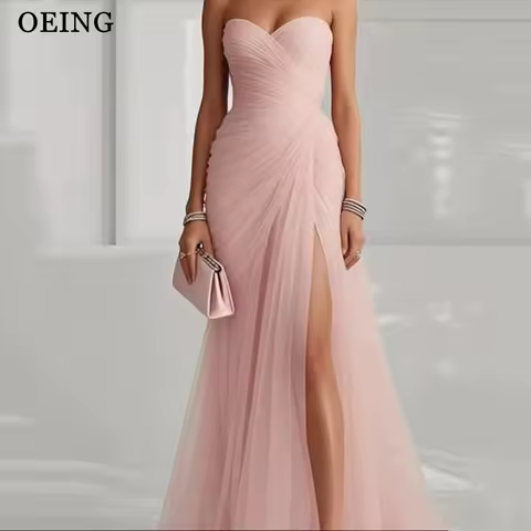 OEING Elegant Mermaid Pink Prom Dress Sweetheart Side Slit Pleats Floor Length Evening Party Dress Gala vestidos Customized