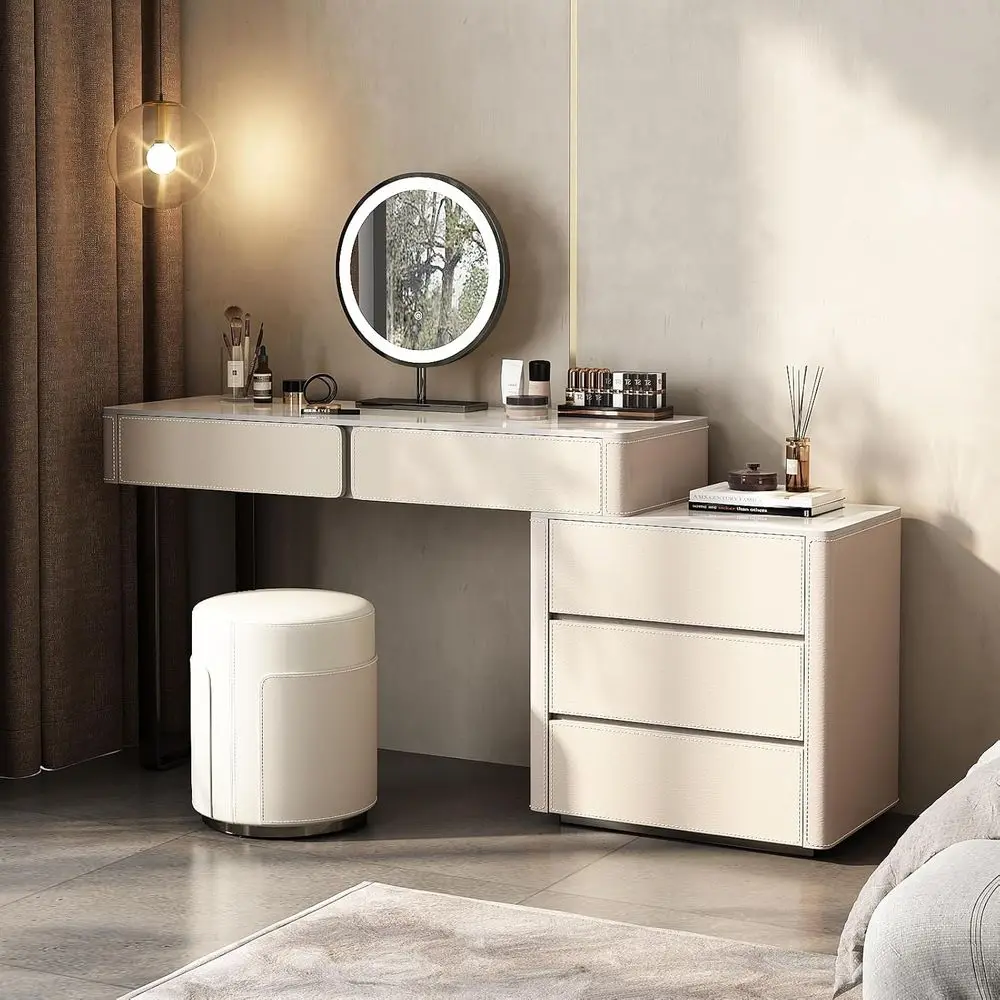 Luxury Leather Makeup Vanity Desk with LED Mirror and Stool, Cream/Gray