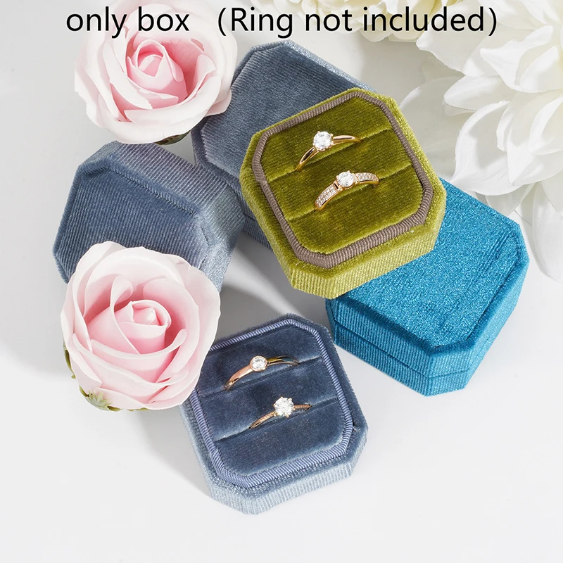 

1Pc Double Velvet Ring Box With Detachable Lid Octagon 2 Slots Ring Display Holder Case For Engagement Wedding Proposal