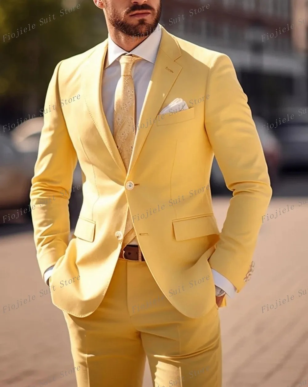 

Yellow Men Tuxedos Business Suit Groom Groomsman Prom Wedding Party Formal 2 Piece Set Jacket And Pants