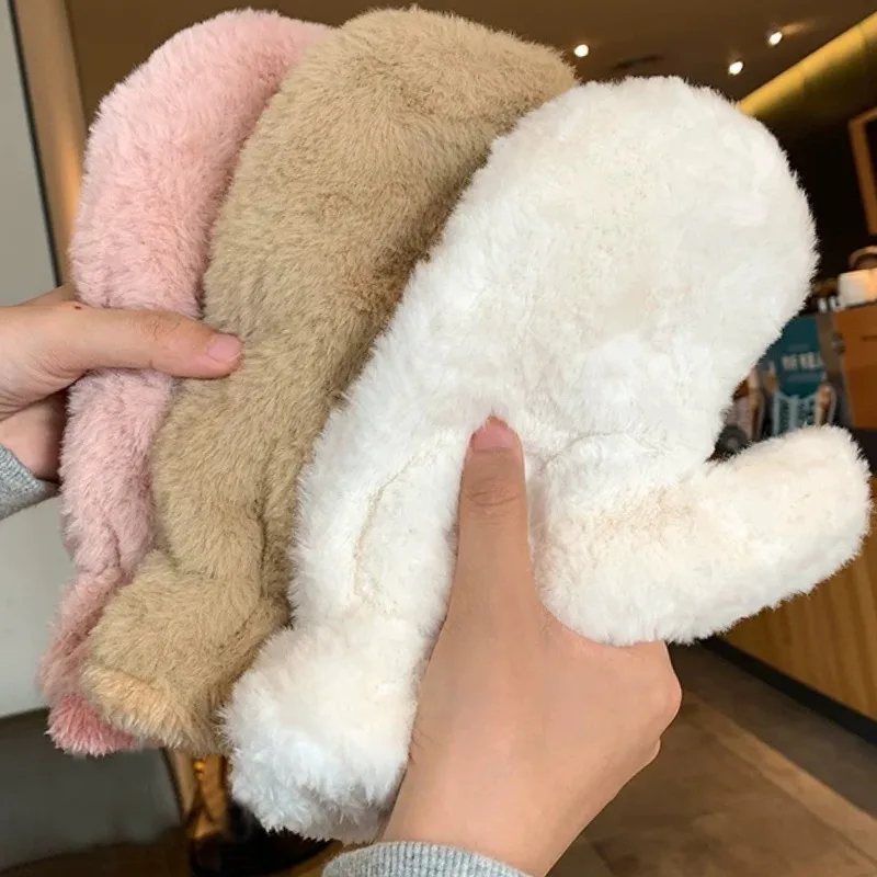 Women Cute Lovely Sweety Soft Solid Plush Fluffy Winter Keep Warm Gloves Kawaii Cold Protection Windproof Thickened Mittens