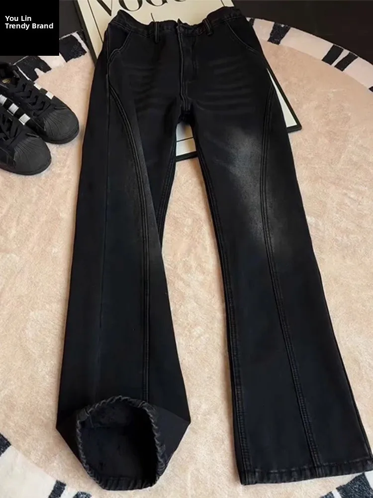 

Мужские джинсы Bla Fce с подкладкой, скошенный крой, расклешенные, зимние, модные, Cleanfit, американский стиль, прямые штанины