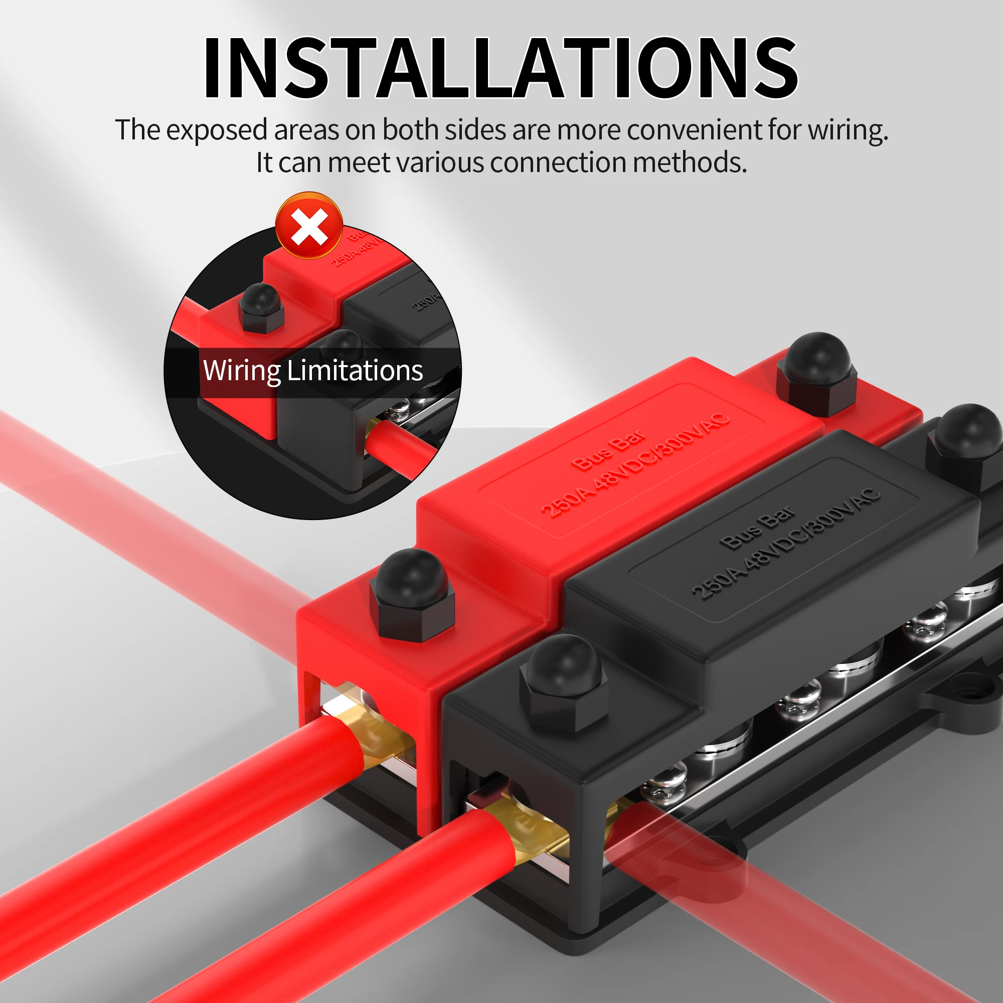 250A Dual Row Bus Bar 12V Power Distribution Block 8 x 3/8\