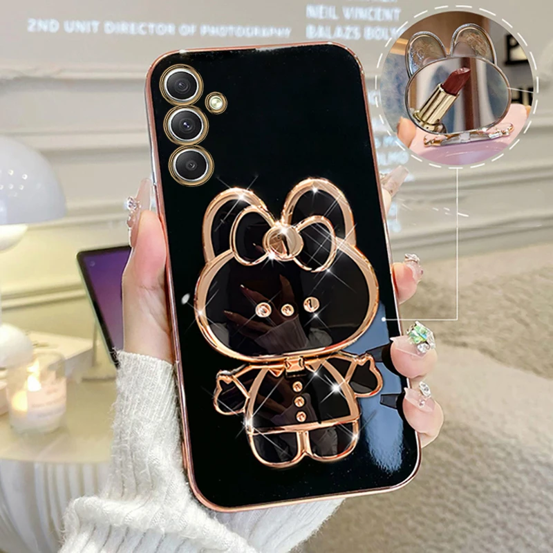 Rabbit Mirror Phone Holder Case On For Samsung Galaxy A25 A35 A55 A54 A34 A03 A03 A13 A14 A15 A01 A02 A03 A04 A05 4G 5G Cover