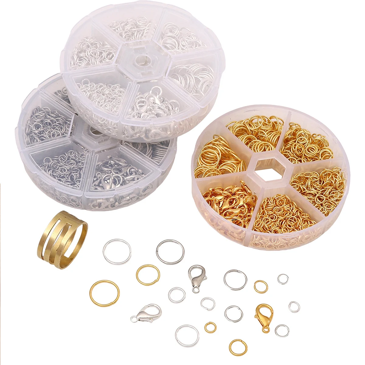 6-Gitter Schmuckzubehör-Set mit gemischten Binderingen und Karabinerverschlüssen für DIY-Schmuck, 3 Metallfarben zur Auswahl – Detail 6